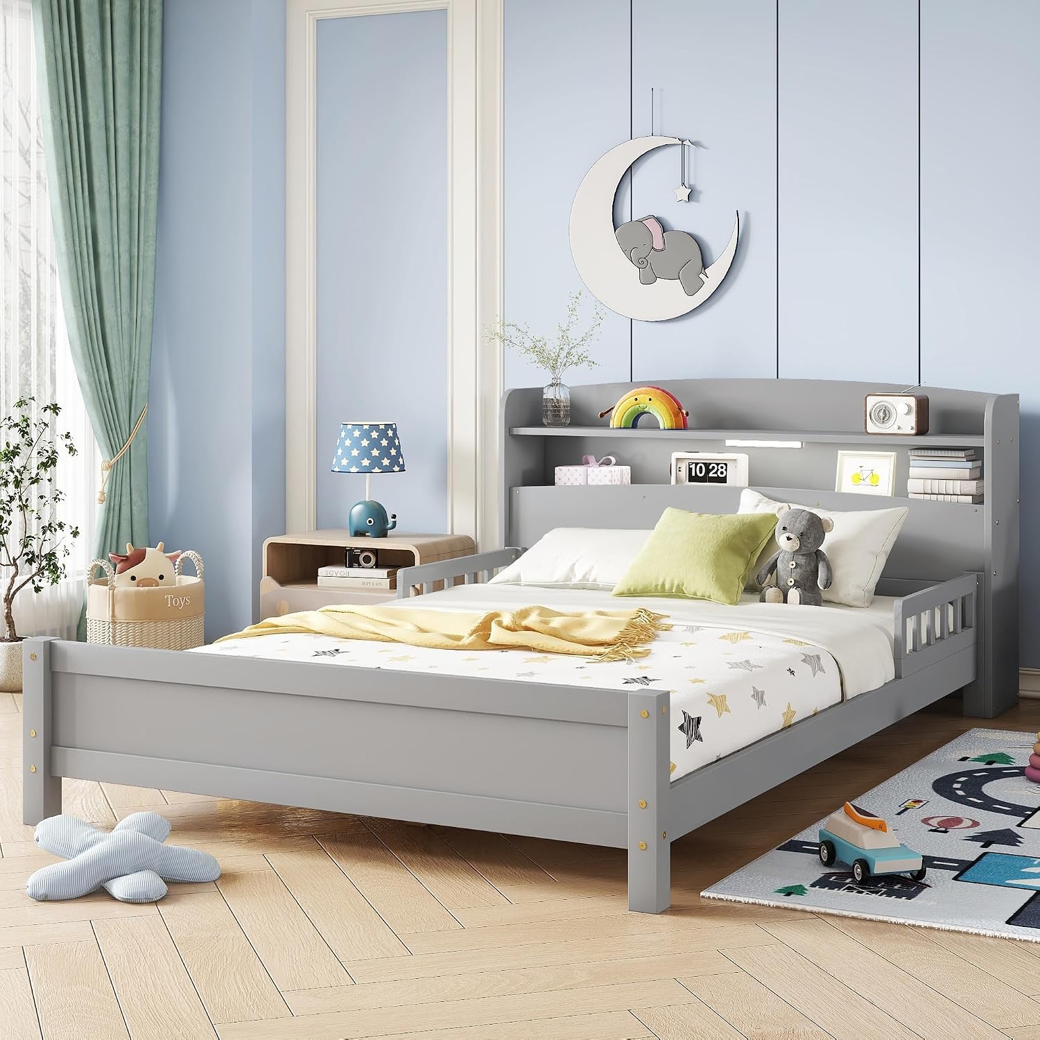 Full Size Bed Frame Kids with LED Motion Sensor Light & Guardrails, Full Size Kids Bed with Storage Bookcase, No Box Spring Needed, Easy Assembly, Grey