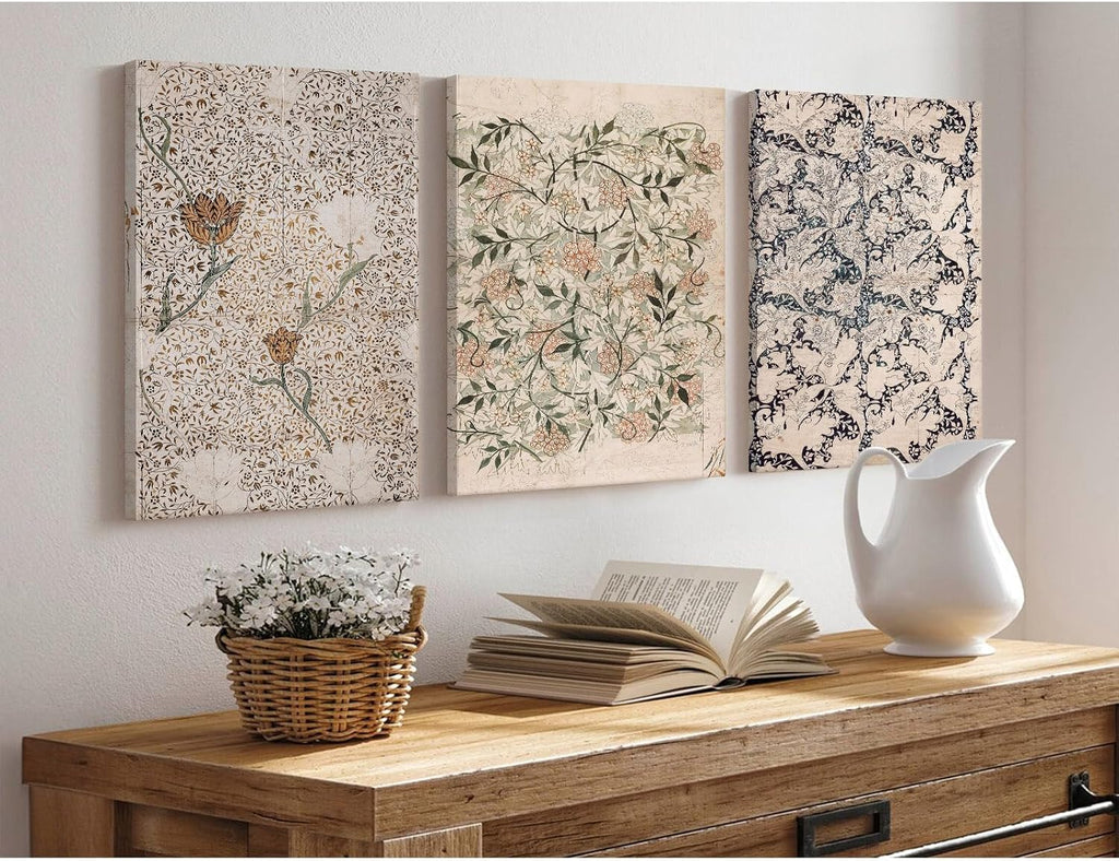 Vintage William Morris Wall Art Decor Boho Floral Botanical Canvas Pictures Abstract Neutral Flower Print Vintage Farmhouse Artwork Painting for Living Room Bedroom 24x36 Inch Wrapped Canvas Set of 3