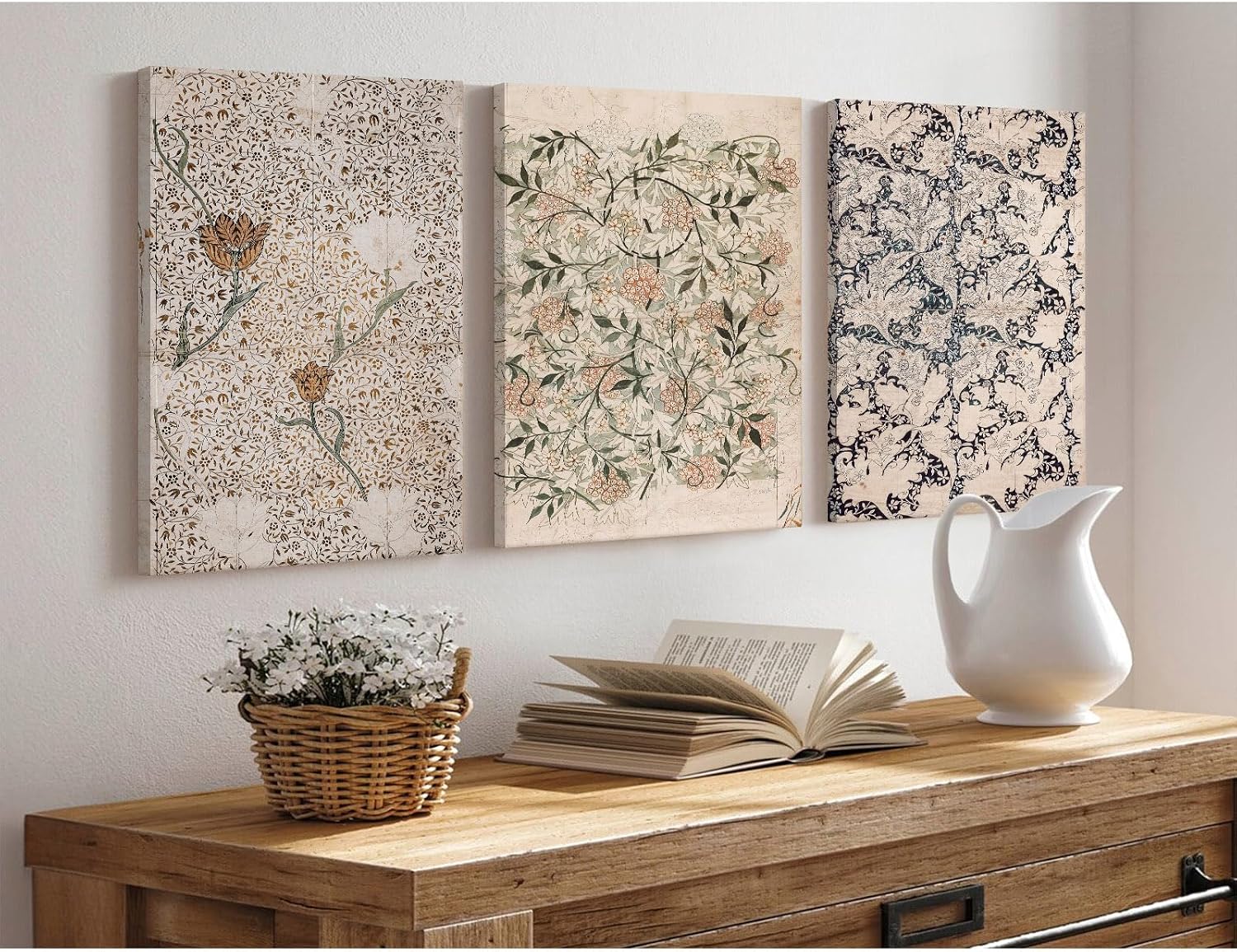 Vintage William Morris Wall Art Decor Boho Floral Botanical Canvas Pictures Abstract Neutral Flower Print Vintage Farmhouse Artwork Painting for Living Room Bedroom 24x36 Inch Wrapped Canvas Set of 3