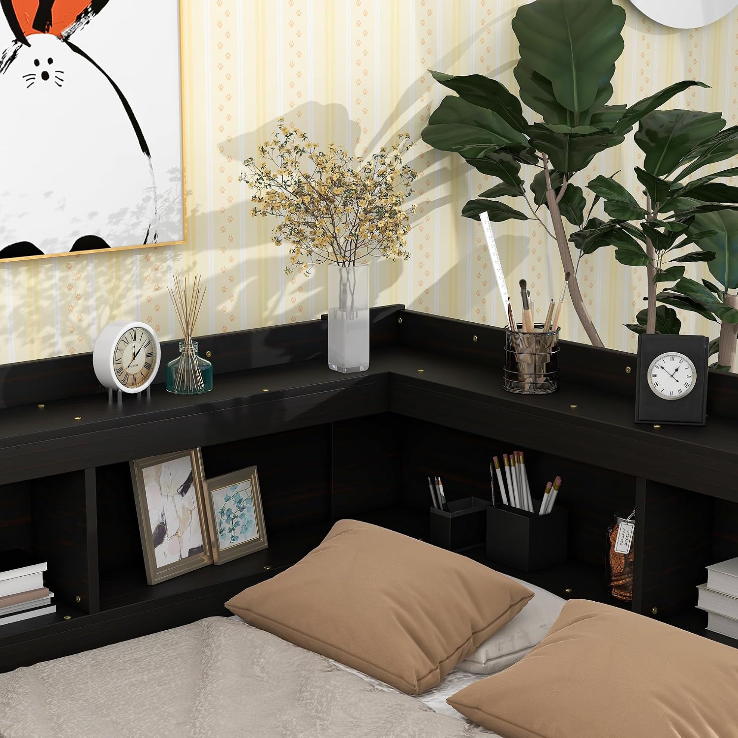 Full Size Platform Bed with L-Shaped Bookcase and 2 Drawers, Wooden Captain Bed Frame with Bookcase Headboard for Kids Teens Adult Boys Girls, No Box Spring Needed-Espresso