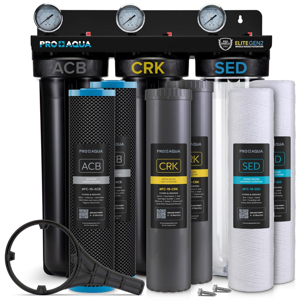 PRO+AQUA Elite Whole House Water Filter 3-Stage Well Water Filtration System with Gauges, PR Button 1 in. Ports Filter Set