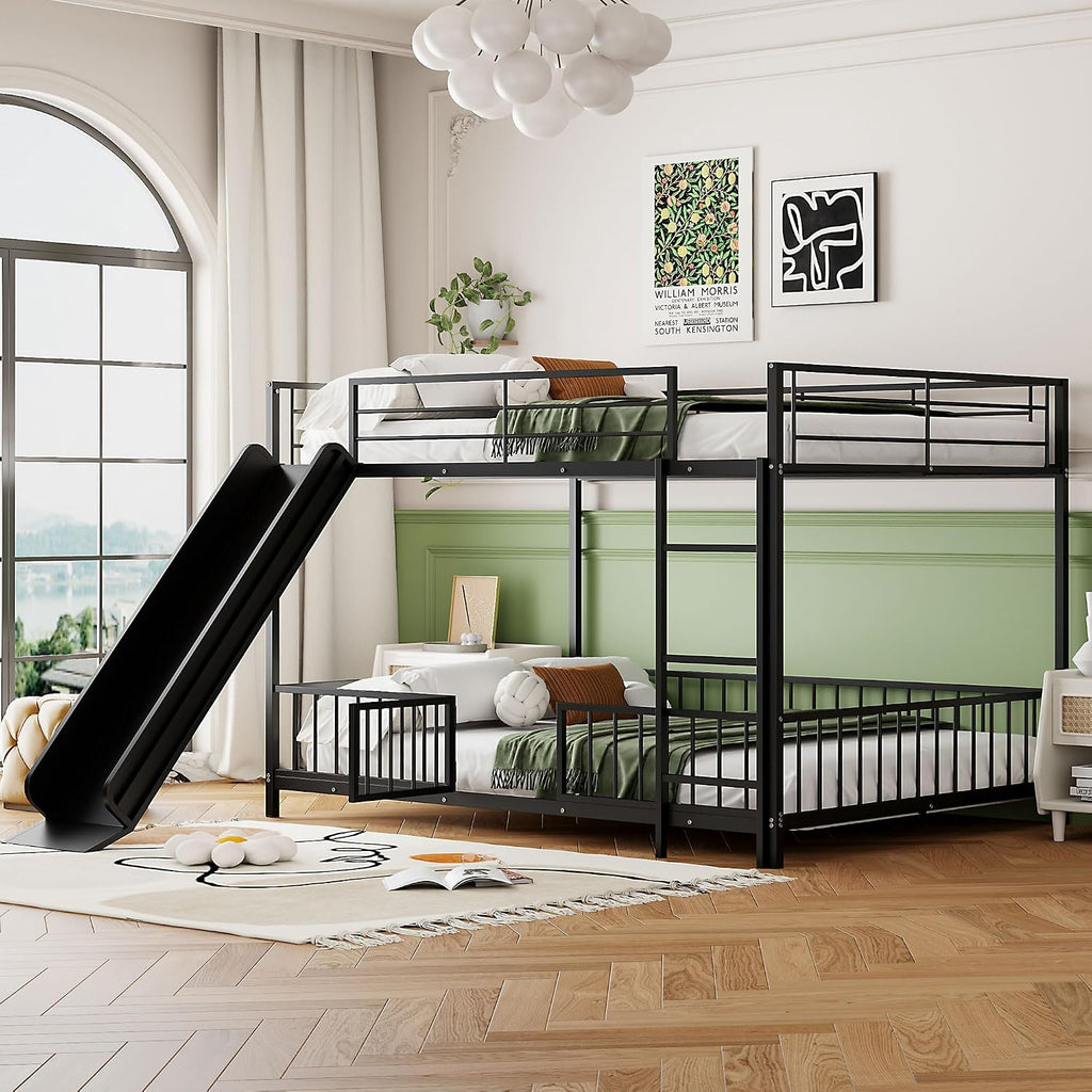 JIVOIT Metal Bunk Bed Frame with Slide and Ladder, Full Over Full Bunk Bed Size with Metal Slats Support, Full-Length Guardrail, Heavy Duty Metal Low Bunk Bed, No Box Spring Needed (Black,Full,09)
