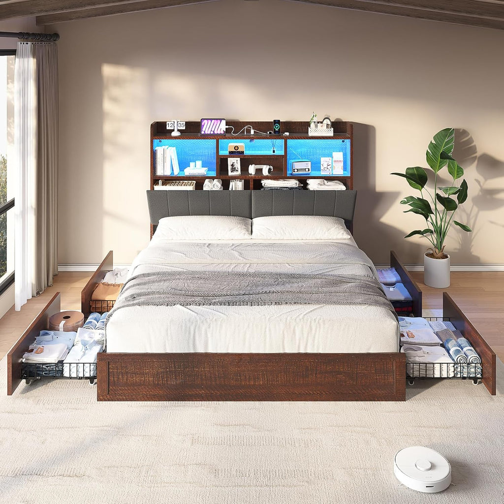 LUXOAK Full Farmhouse Bed Frame with Bookcase Headboard and 4 Drawers, LED Storage Bed with Charging Station & Linen Upholstered, No Box Spring Needed, Reclaimed Barnwood