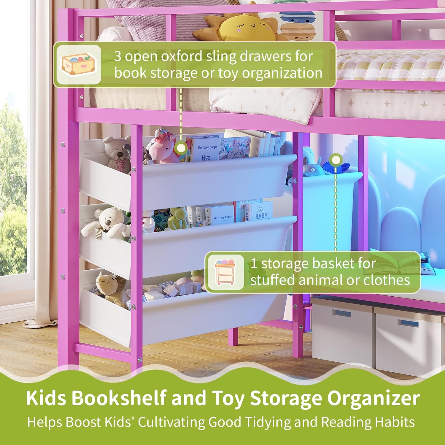 DICTAC Low Twin Size Loft Bed with Reading Corner and Bookshelf,Metal Twin Loft Bed with LED Lights,3 Sling Drawers&2 Movable Storage Bins,loft bed for Kids with 13.98'H Safety Guardrail & Stairs,Pink