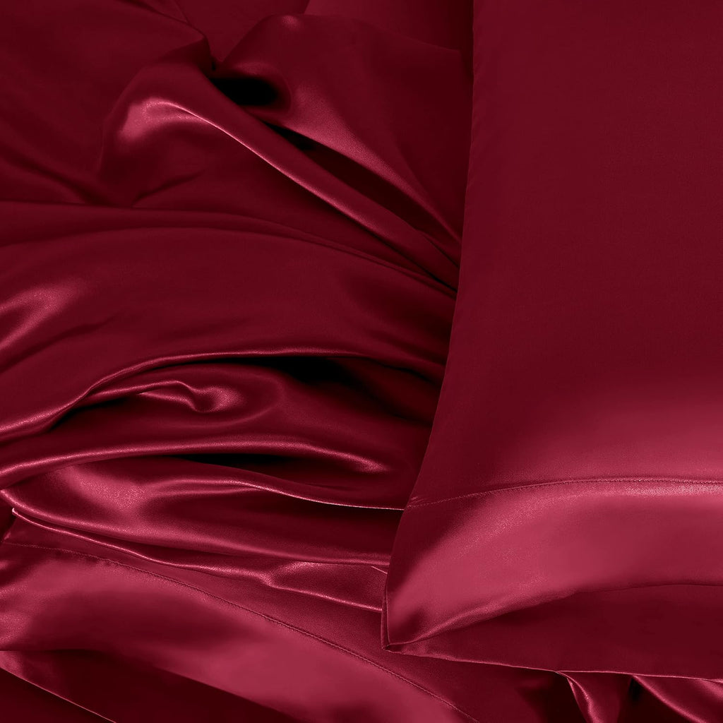 Twin XL Size 4-Piece Sheet Set Premium Mulberry Silk Bed Sheets Set Fits 14-16' Deep Pocket - Luxurious Soft Silk (Solid, Burgundy)