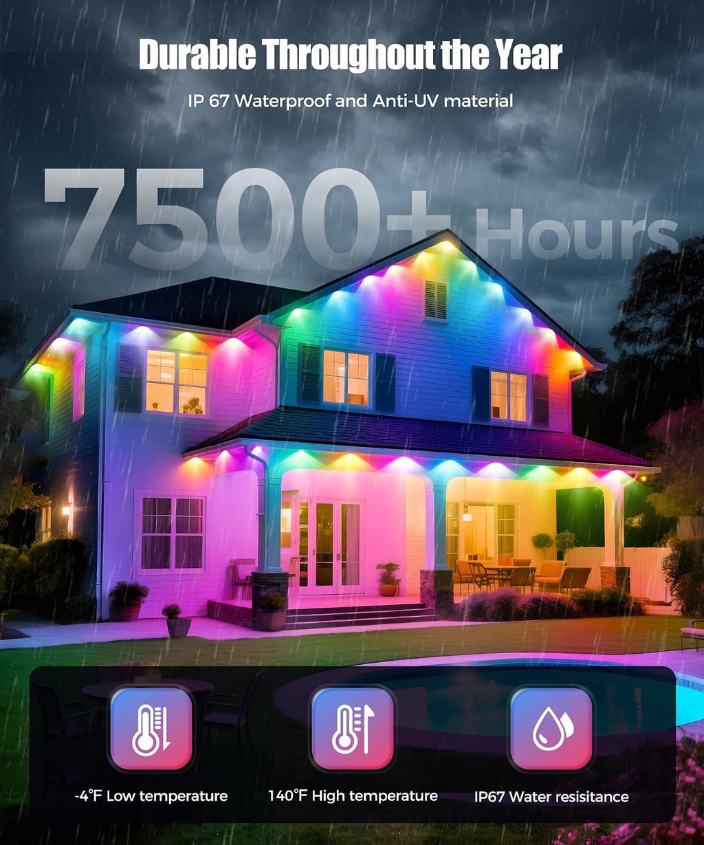 POOFZY Permanent Outdoor Lights for House,100ft RGB+IC Smart Outdoor Decor, 50 Scene Modes,App/Remote Control,IP67 Waterproof,for Christmas,Easter,V-Day,Thanksgiving,Daily & Holiday Party Decor