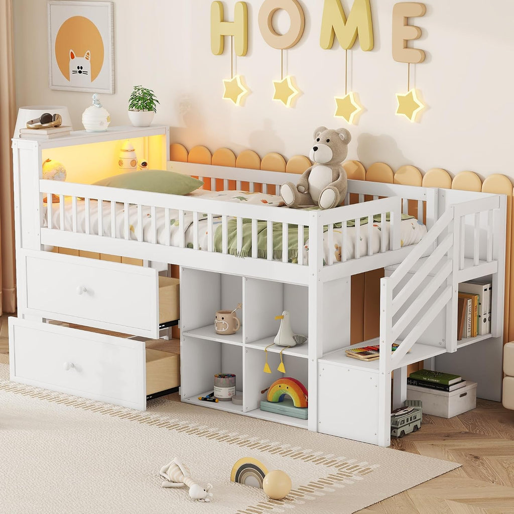 Twin Low Loft Bed with LED Lights, Loft Bed Frame for Kids with 2 Storage Drawers & Bookcase Headboard, Solid Wood Loft Beds with Stairs and Safety Guardrail for Junior Girls Boys (White)