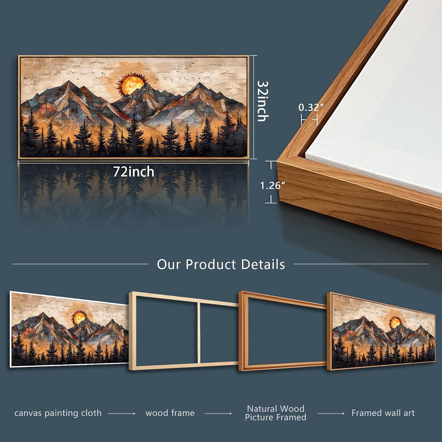 ZUITINGHUA Wood Framed Wall Art For Living Room Canvas Wall Decor For Bedroom Office Decorations Abstract Boho Paintings Mountain Landscape Pictures Modern Home Decor Artwork 32x72 In