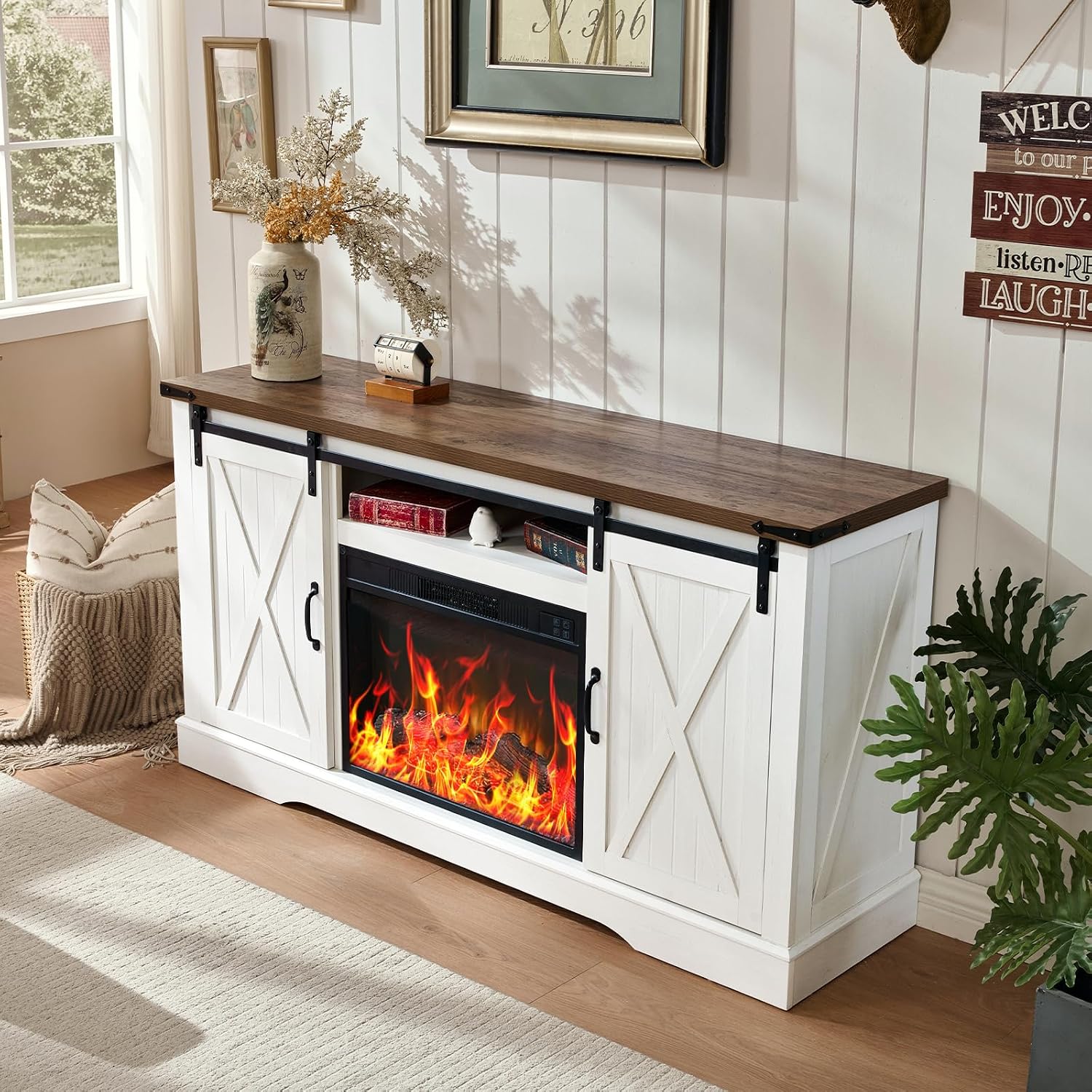 ROCKPOINT 58' Fireplace TV Stand for TV up to 65 Inch with Farmhouse Tall Sliding Barn Doors, Entertainment Center with Storage Cabinet, 23' Electric Fireplace with Remote, White