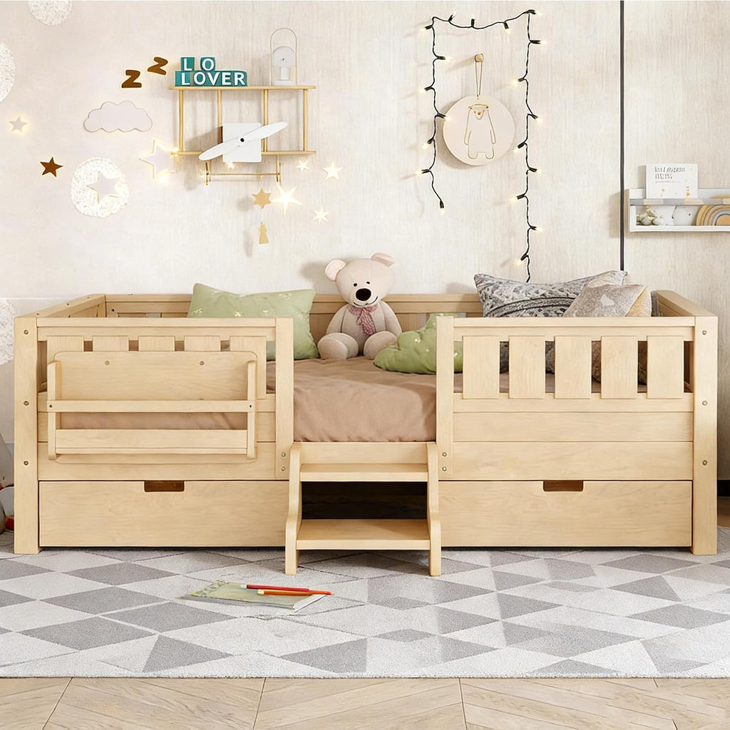 Bellemave Twin Size Kids Montessori Bed with Stairs and Bookshelf,Solid Wood Twin Size Kids Bed Frame with Drawers and Storage for Girls Boys,Low-Profile,Light Natural