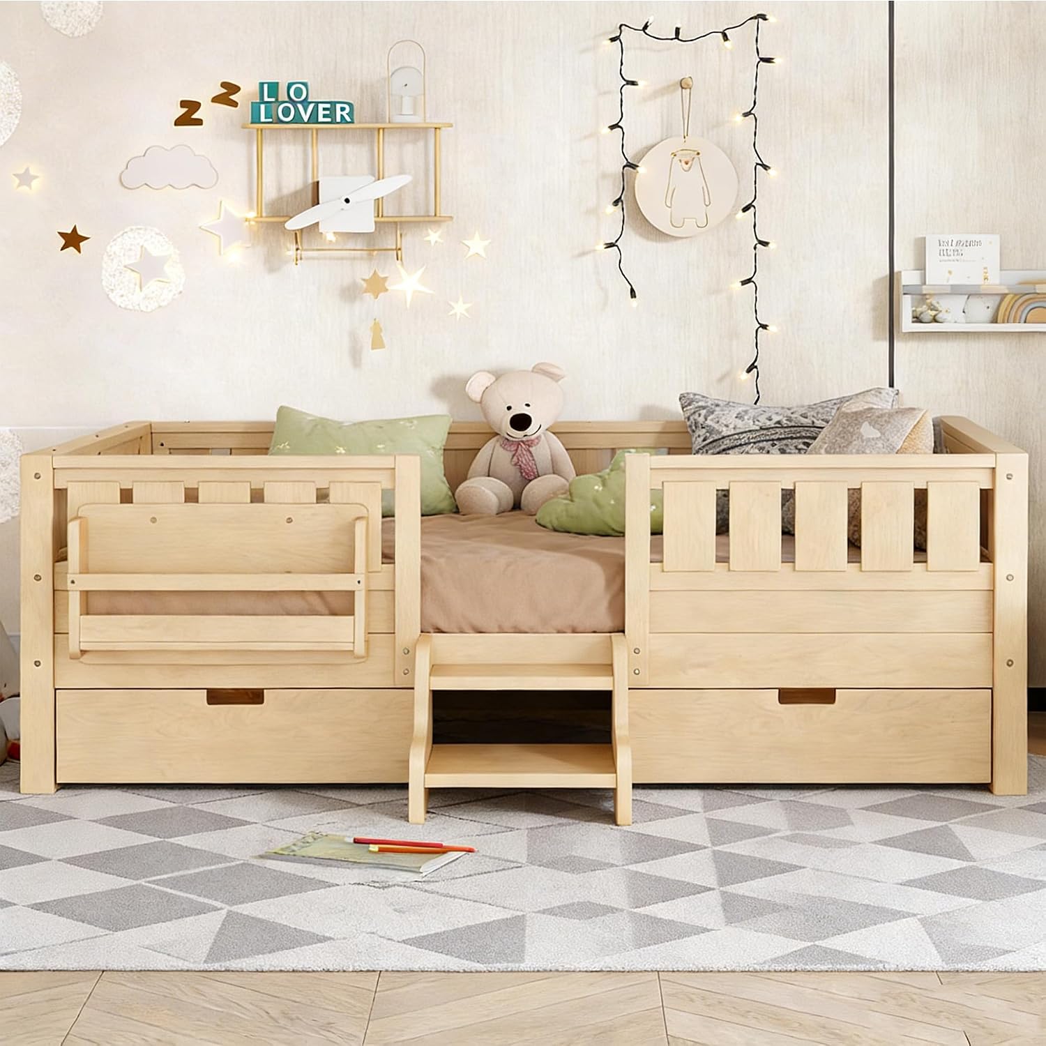 Bellemave Twin Size Kids Montessori Bed with Stairs and Bookshelf,Solid Wood Twin Size Kids Bed Frame with Drawers and Storage for Girls Boys,Low-Profile,Light Natural
