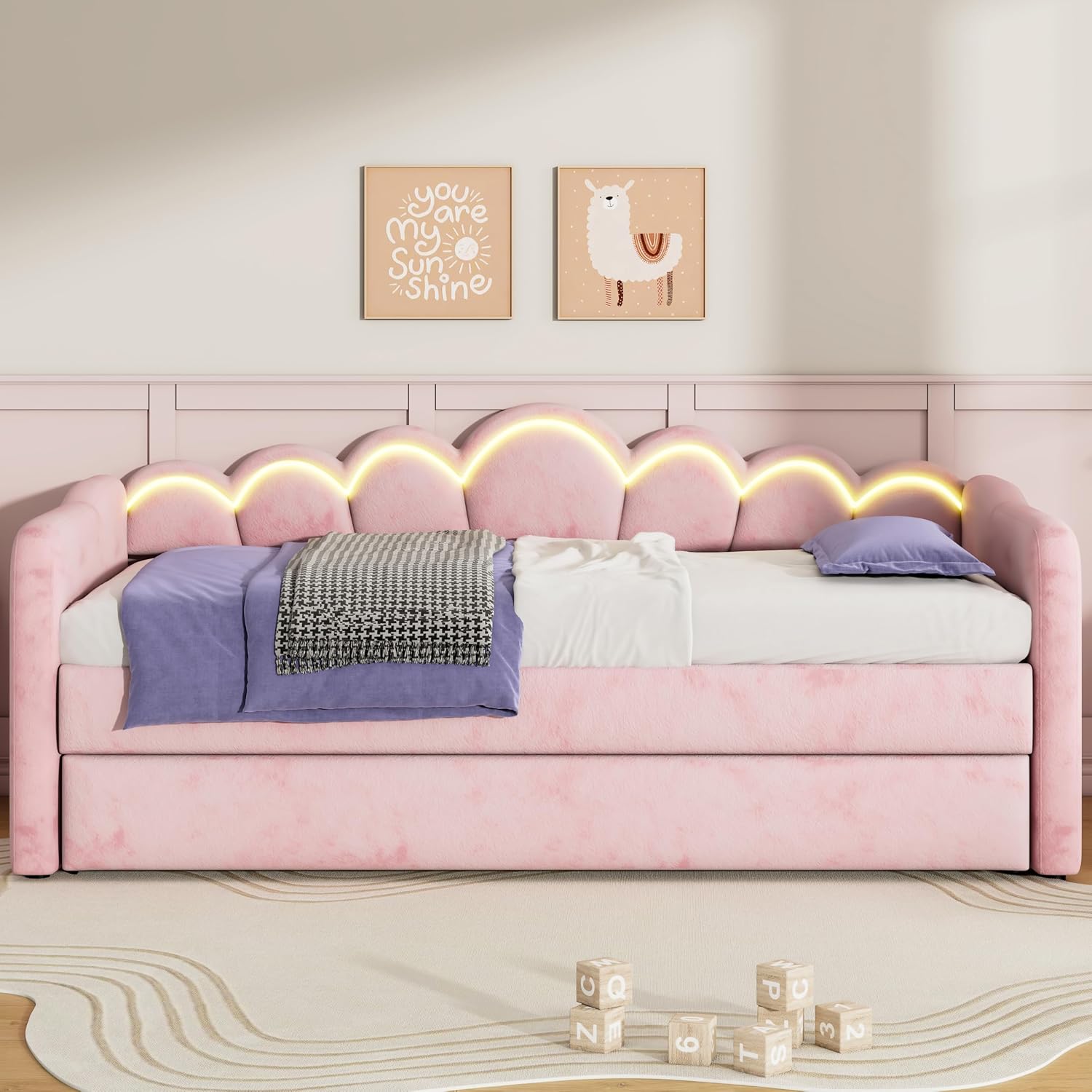 LUMISOL Upholstery Daybed with Trundle, Twin XL Upholstered Daybed with LED Light, Tufted Corner Sofa Bed Furniture for Bedroom Guest Living Room, Pink