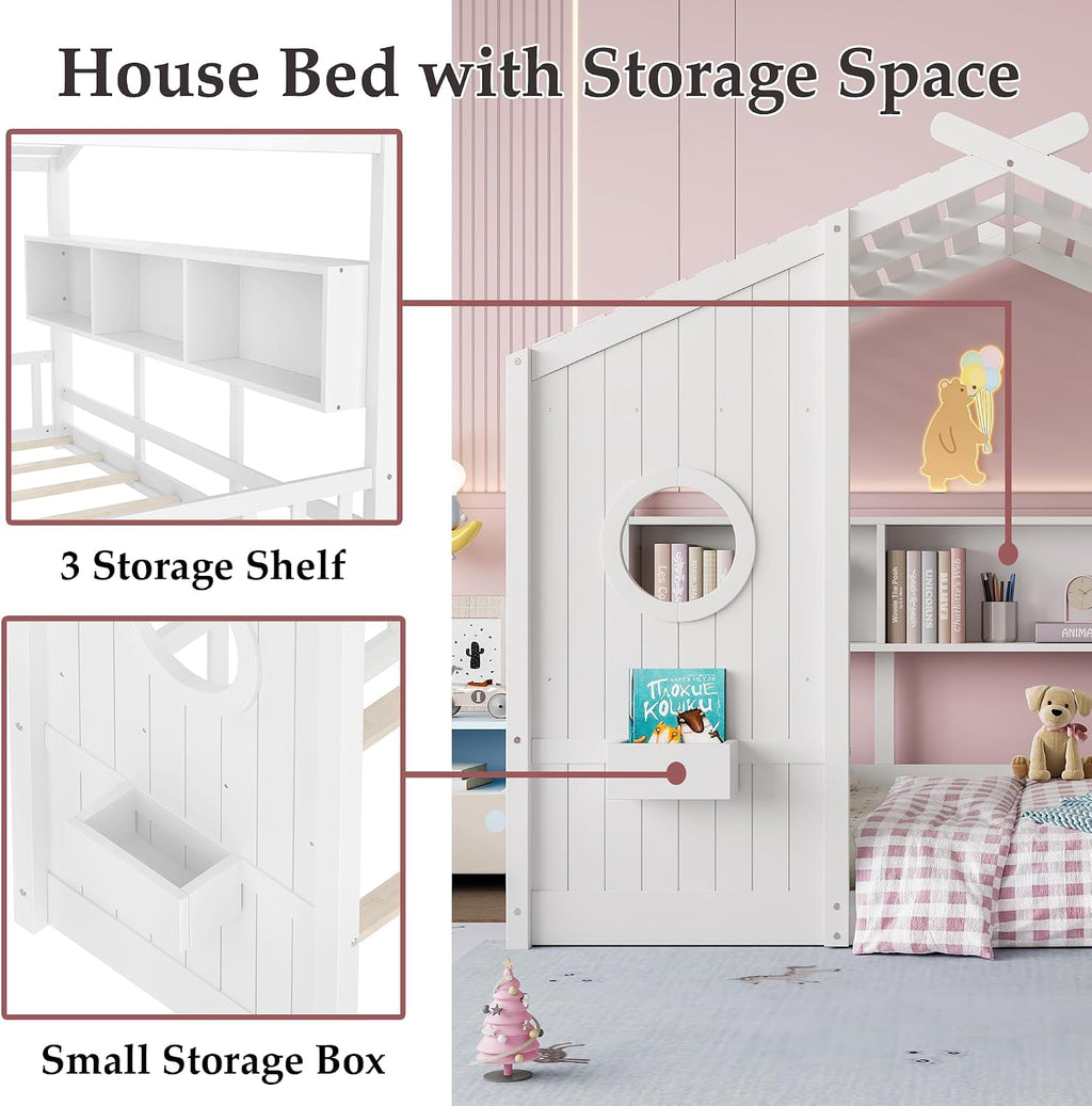 Twin Size Floor House Bed with Roof & Window for Kids,Kids Montessori Floor Bed with Storage Shelves,Cute Playhouse Bed Frame for Girls Boys,Wood House Bed No Box Spring Needed,Can be Decorated,White