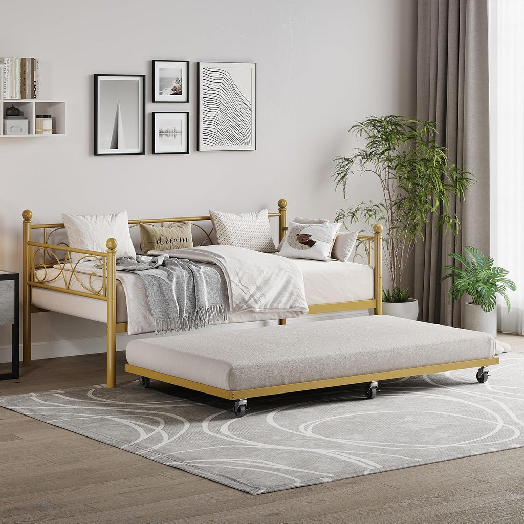 TrailBlaze Modern Space-Saving Twin Metal Daybed with Pull-Out Trundle - Heavy Duty Steel Slats, Floral Headboard, No Box Spring Needed, Sofa Bed for Living Room or Guest Room - Set Gold, Twin Size