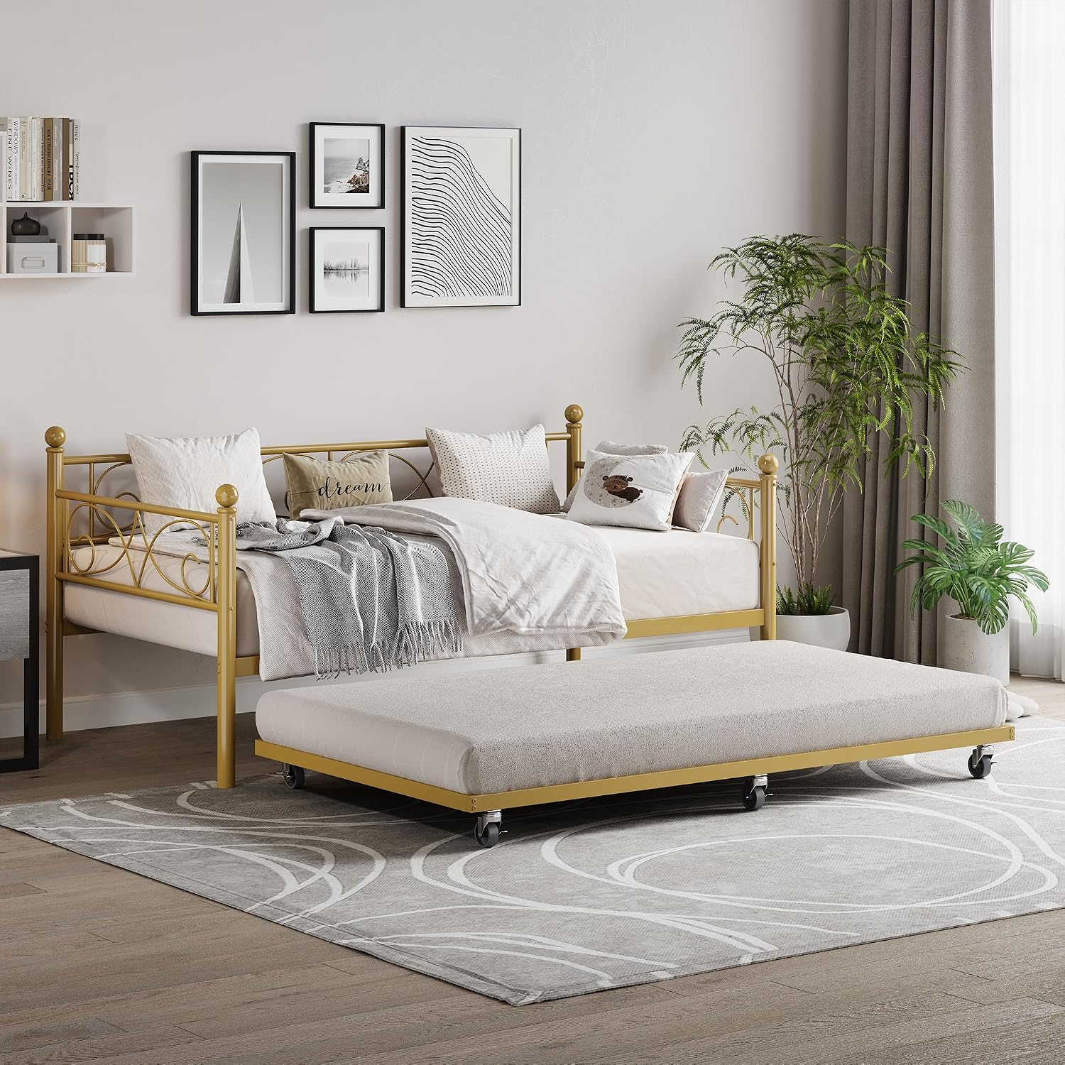 TrailBlaze Modern Space-Saving Twin Metal Daybed with Pull-Out Trundle - Heavy Duty Steel Slats, Floral Headboard, No Box Spring Needed, Sofa Bed for Living Room or Guest Room - Set Gold, Twin Size