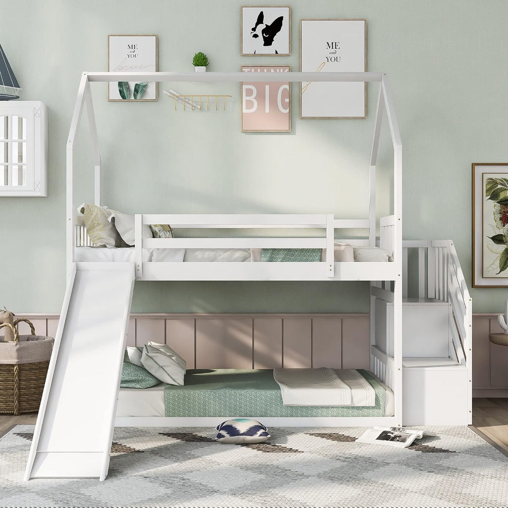 Wood House Bunk Bed for Kids Toddlers, Twin Over Twin Bunk Bed with Convertible Slide, Storage Staircase Can be Placed Left or Right, No Spring Box Required (White+House03)