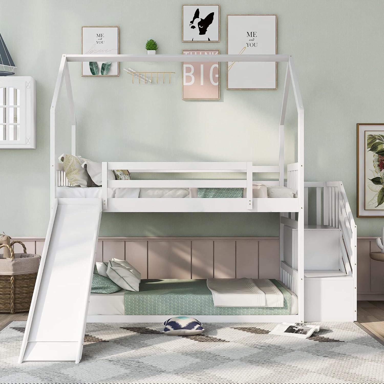 Wood House Bunk Bed for Kids Toddlers, Twin Over Twin Bunk Bed with Convertible Slide, Storage Staircase Can be Placed Left or Right, No Spring Box Required (White+House03)