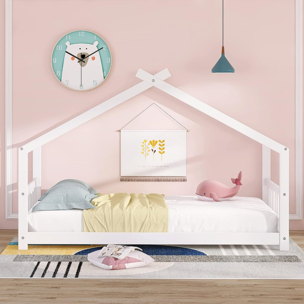 JIVOIT Twin Size Wood House Bed, Solid Wood Tent Bed Canopy Bed Frame with Roof Design, Twin Floor Bed with Wood Slats Support, No Box Spring Needed(White-Twin-Pinewood)
