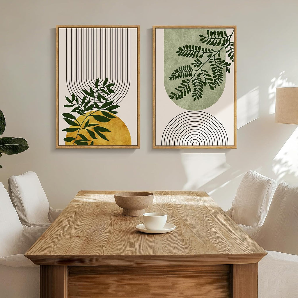 Large Framed Green Boho Wall Art Set of 2 for Living Room, Mid Century Modern Bohemian Botanical Geometric Artwork for Walls, Neutral Canvas Painting Print Wall Decor for Bedroom Home Office, 24x36 In
