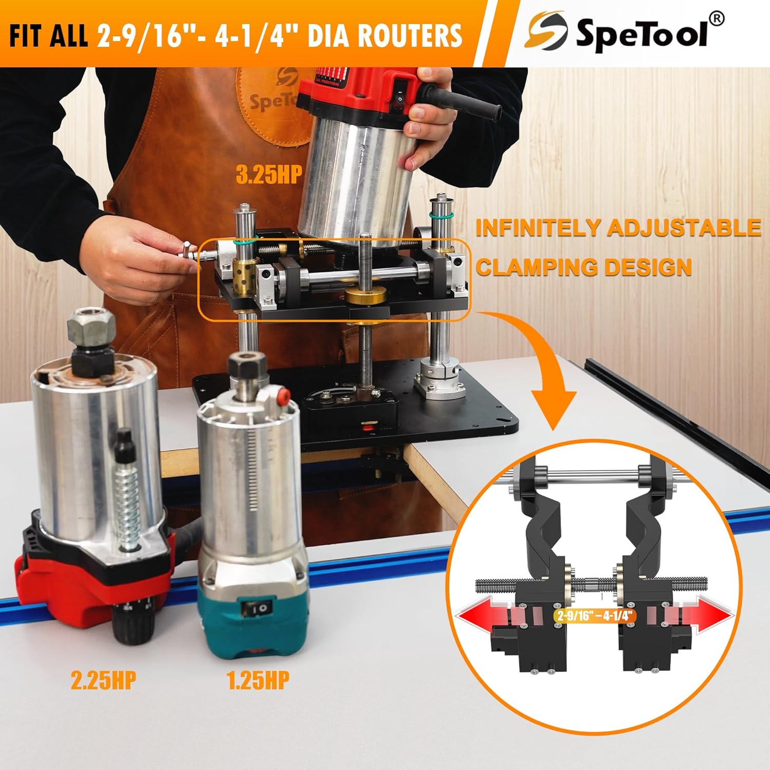 SpeTool Router Lift Kit for 1.25 HP, 2.25 HP, and 3.25 HP Router, Precision All-Aluminum Router Table Lift System with 3 Magnetic Insert Rings, 9-1/4'x11-3/4' Router Table Insert Plate for Woodworking