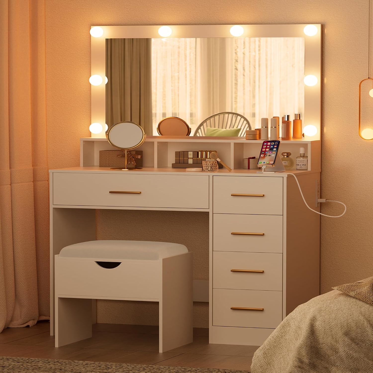 ERLEJIA Vanity Desk with Mirror and Lights, 35.43' Large Mirror Makeup Table with Stool, 5 Drawers Dressing Table for Girls and Ladies Bedroom, White and Gold
