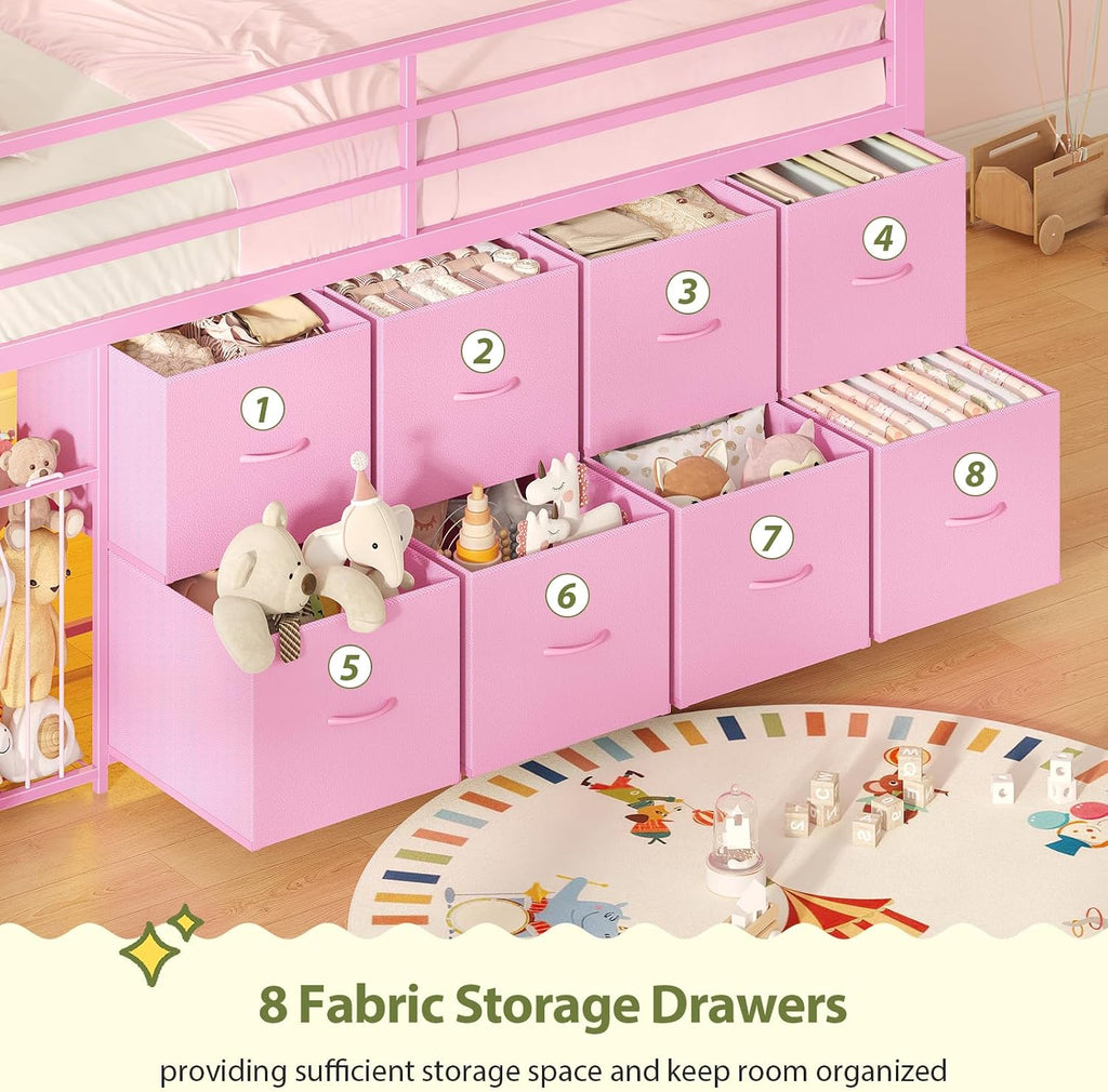UPOSOJA Twin Size Low Loft Bed with RGB Lights & Play Zone, 8 XL Drawers, Kids Play Loft with 2-Step Ladder & Anti-Tip Kit (Pink)