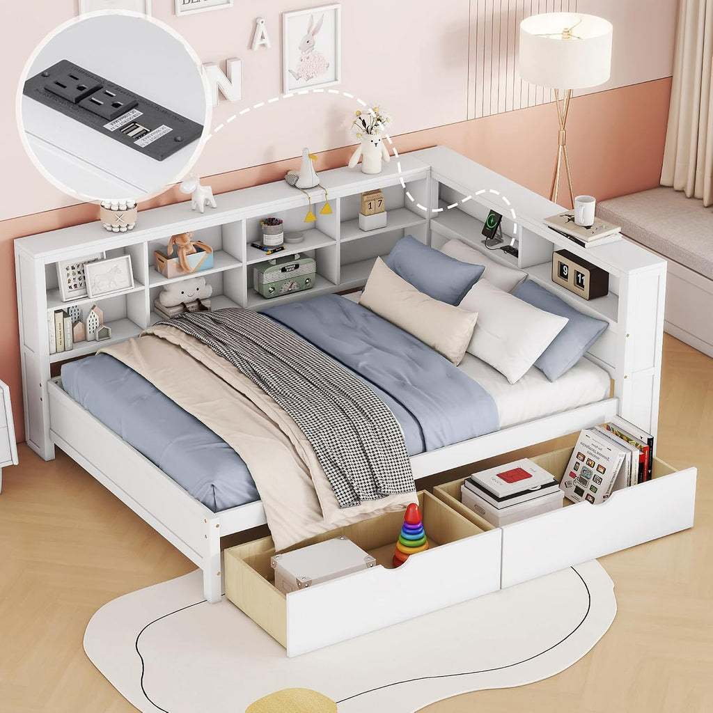 Full Size Daybed with 2 Drawers,Minimalist Wooden Sofa Bed Frame with Storage Shelf and USB Charging Ports for Bedroom, Studyroom, Guestroom, Livingroom (White-WD54)