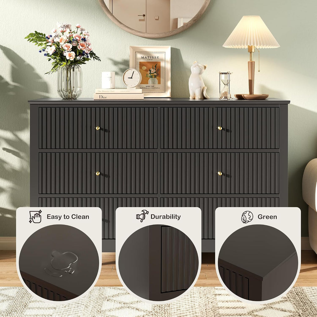 Black Dresser for Bedroom, 6 Drawers Fluted Chest of Drawers with Storage, Modern 47'' Wide Dresser with Paint Design, Wood Drawer Organizer Dressers for Entryway, Hallway