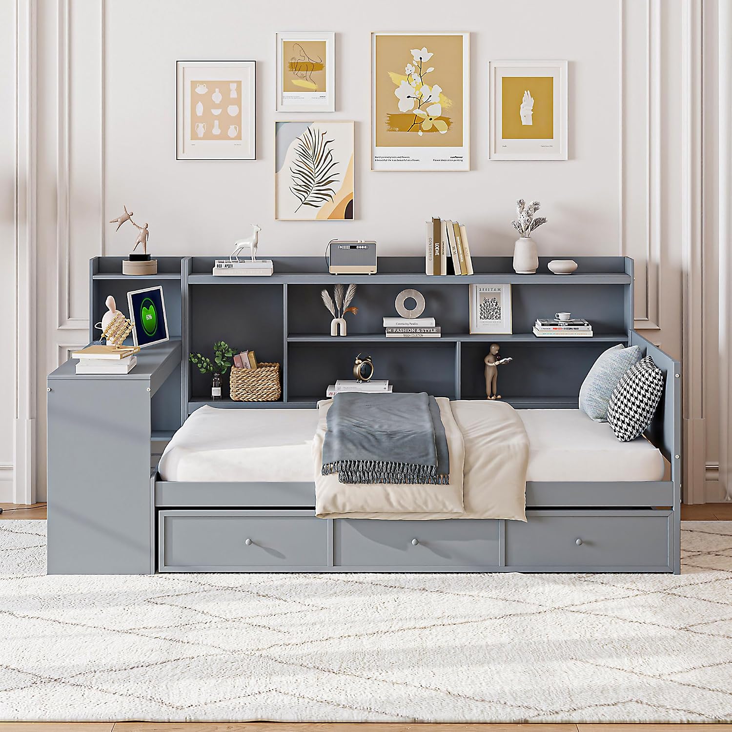 Twin Size Daybed with Storage Shelves and Study Desk, Wooden Daybed Sofa Bed Frame with 3 Drawers and USB Ports for Office Living Room Bedroom, Maximize Space (Gray-23U)