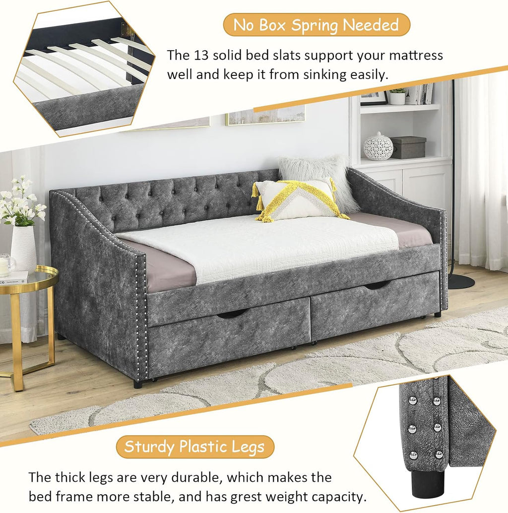 Wood Twin Daybed, Day Bed Frame with 2 Storage Drawers, Upholstered Twin Bed Frame Sofa Couch with Button and Nailhead Design for Bedroom Guest Room, No Box Spring Needed, Grey
