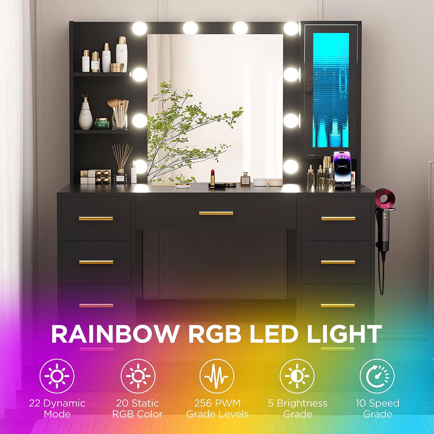 ERLEJIA Vanity Desk with Mirror and Lights, 43' Large Makeup Dressing Table with 9 Drawers, 3 Open Shelves, RGB LED Lighting & Power Outlet, Black