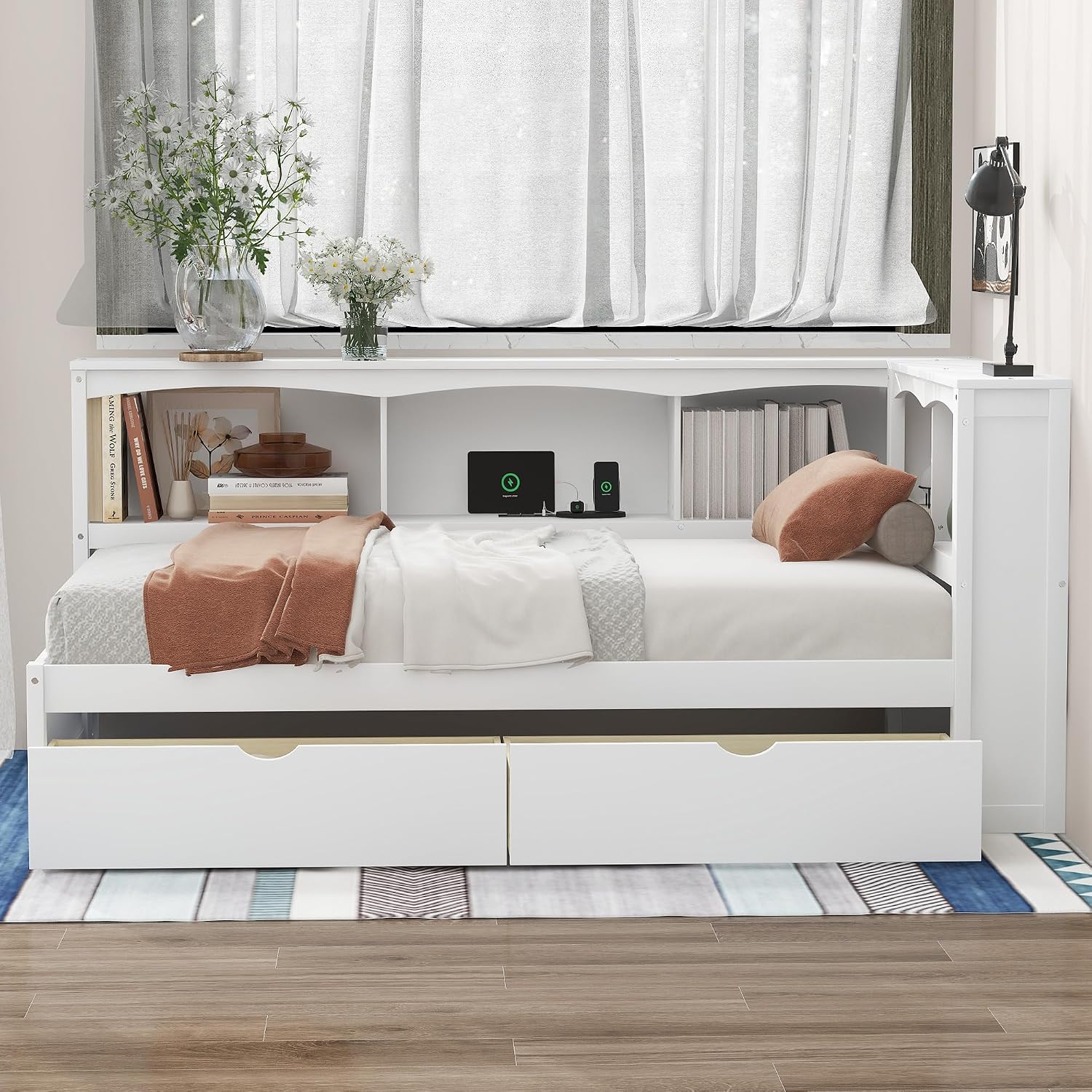 Modern Twin Size Daybed with 2 Storage Drawers, Multifunctional Solid Wood Sofa Bed Frame with Storage Cabinets, USB Portsand and Built-In Charging Station for Living Room,Guest Room (White-186J)
