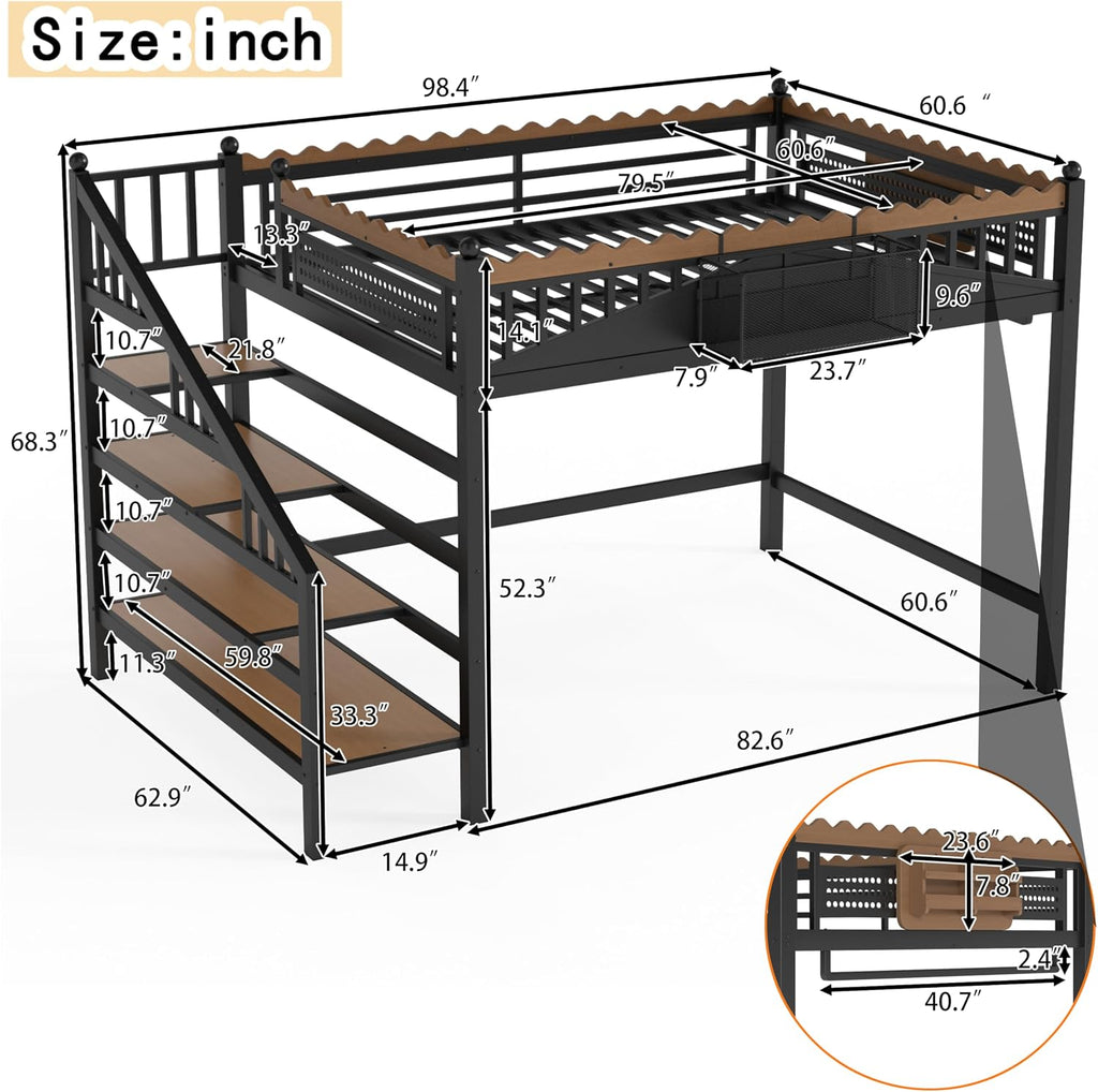 JIVOIT Queen Size Metal Loft Bed Frame, Space-Saving Loft Bed with Storage Stairs, Storage Shelves and Bookshelf, Strong Support Slats, Perfect for Bedroom, Guest, Dorms