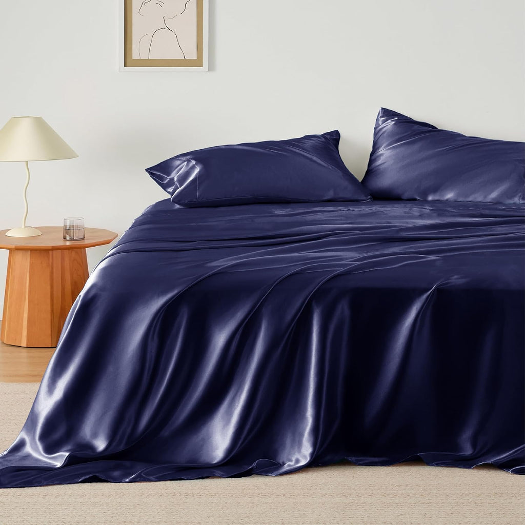 Twin XL Size 4-Piece Sheet Set Premium Mulberry Silk Bed Sheets Set Fits 14-16' Deep Pocket - Luxurious Soft Silk (Solid, Navy Blue)