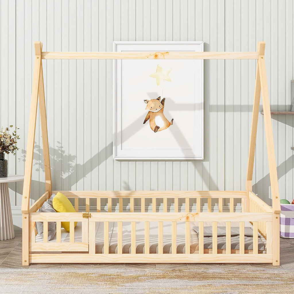 Full Size Tent-Shaped Floor Bed with Door, House Platform Bed Tent Bed Frame with Fence-Shaped Guardrails and Wood Slats Support, Wood Floor Play House Bed for Kids Boys Girls Teens (Natural,2)