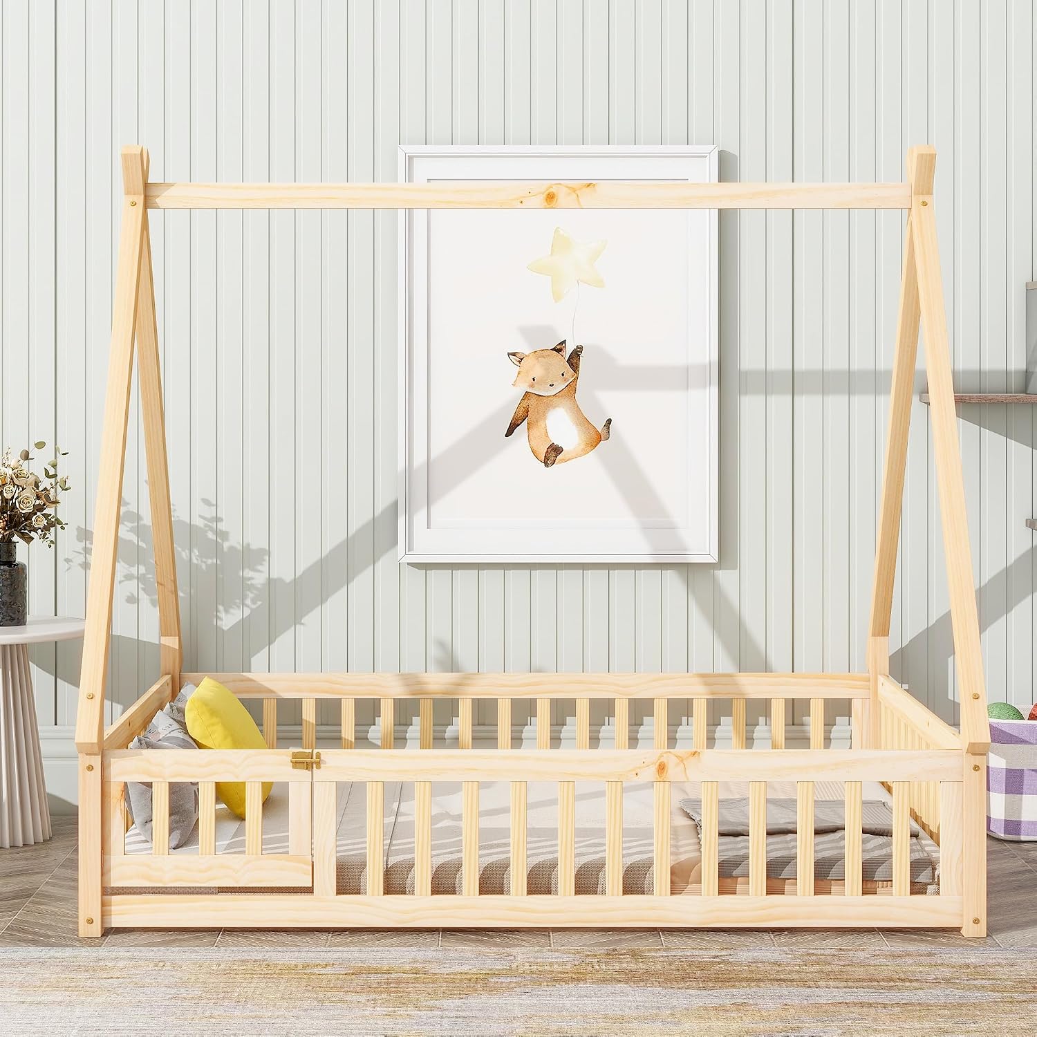 Full Size Tent-Shaped Floor Bed with Door, House Platform Bed Tent Bed Frame with Fence-Shaped Guardrails and Wood Slats Support, Wood Floor Play House Bed for Kids Boys Girls Teens (Natural,2)