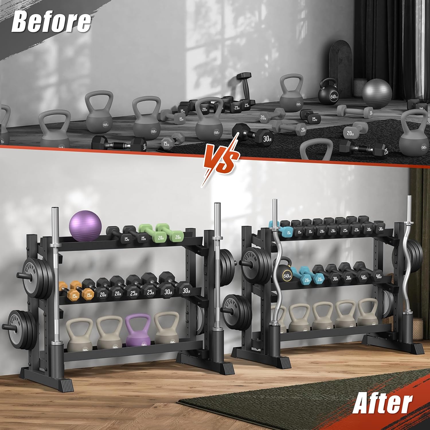 3-Tier Dumbbell Rack, 1200LB Capacity Adjustable Weight Rack for Home Gym, Heavy-Duty Weight Stand for Dumbbells Kettlebells & Weight Plates(Rack Only)