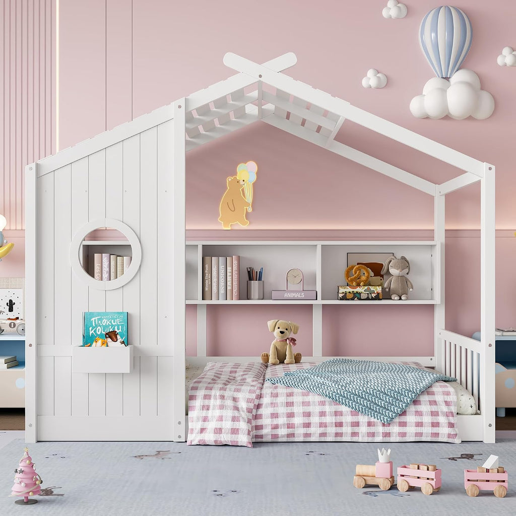 Twin Size Floor House Bed with Roof & Window for Kids,Kids Montessori Floor Bed with Storage Shelves,Cute Playhouse Bed Frame for Girls Boys,Wood House Bed No Box Spring Needed,Can be Decorated,White