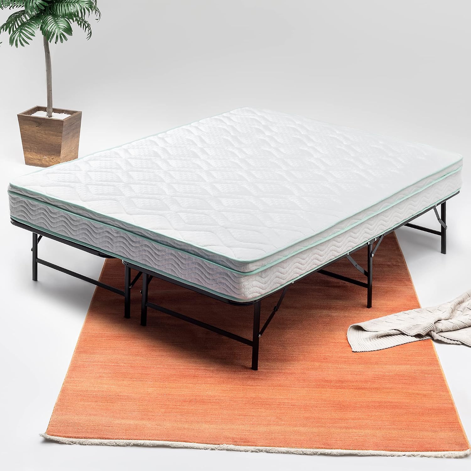 Nutan, 14-Inch Foldable Metal Platform Bed Frame with Tool Free Setup, Sturdy Steel, No Box Spring Needed, Queen, Black