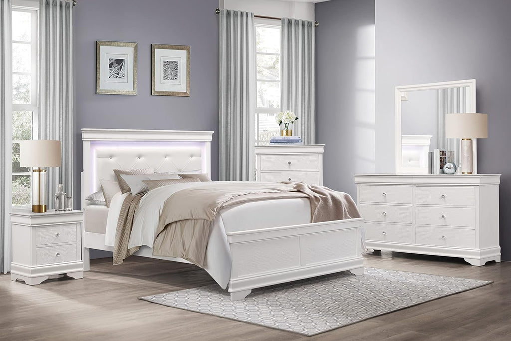 Glam Style Bedroom Set 5pcs Queen Size Bed LED Light HB White Finish Alligator Texture Panels Wooden Furniture