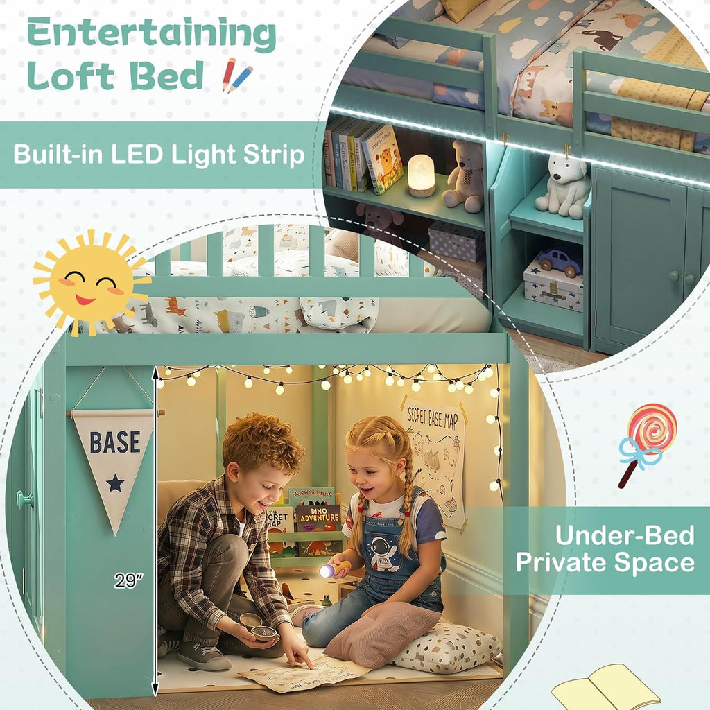KOMFOTT Low Loft Bed with LED Light, Stairs & Guardrails, Modern Wood Kids Twin Bed with Under-Bed Space, Storage Cabinet and Shelves, Space-Saving Twin Loft Bed for Kids, No Box Spring Needed (Green)