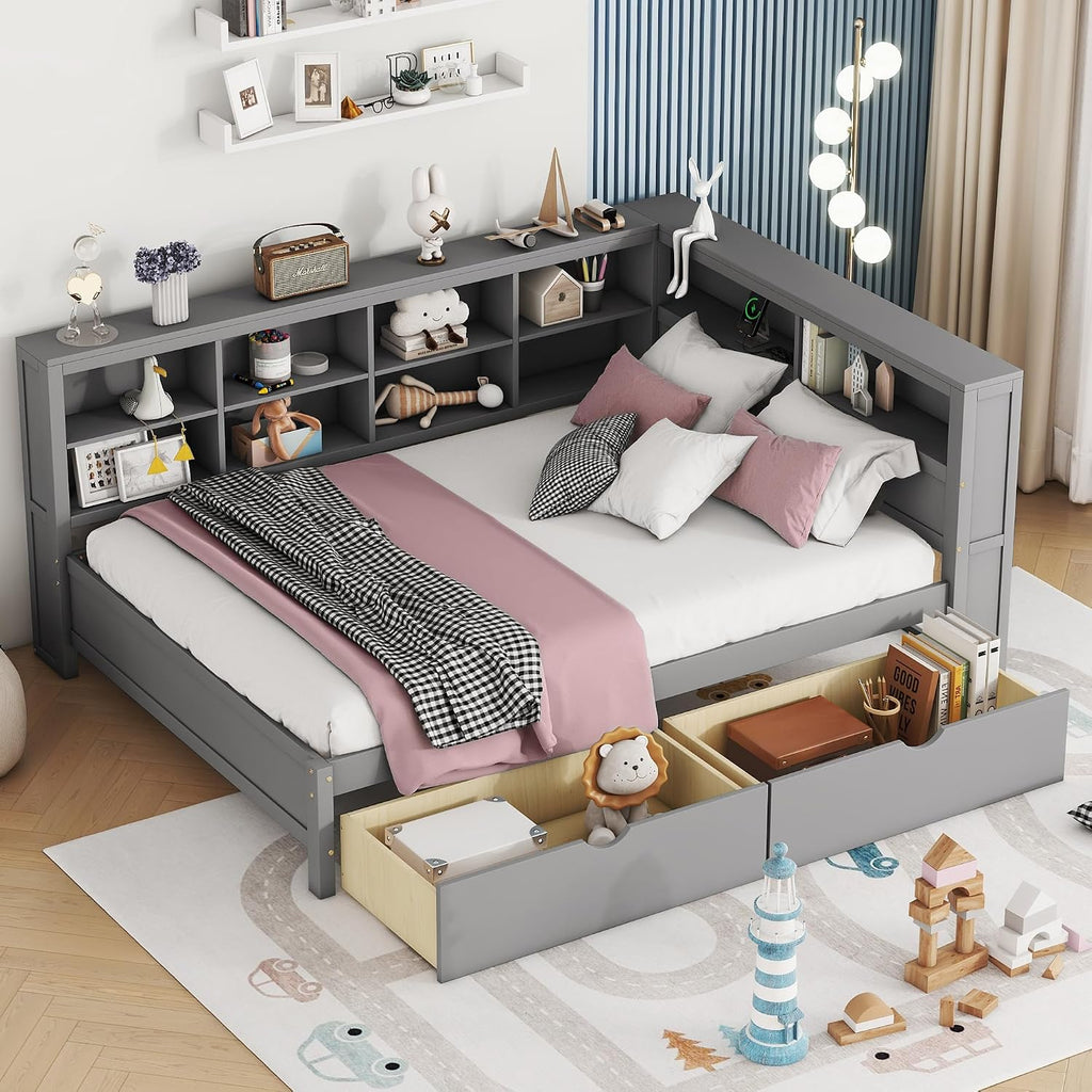 Full Size Daybed with 2 Drawers,Minimalist Wooden Sofa Bed Frame with Storage Shelf and USB Charging Ports for Bedroom, Studyroom, Guestroom, Livingroom (Grey-WD54)
