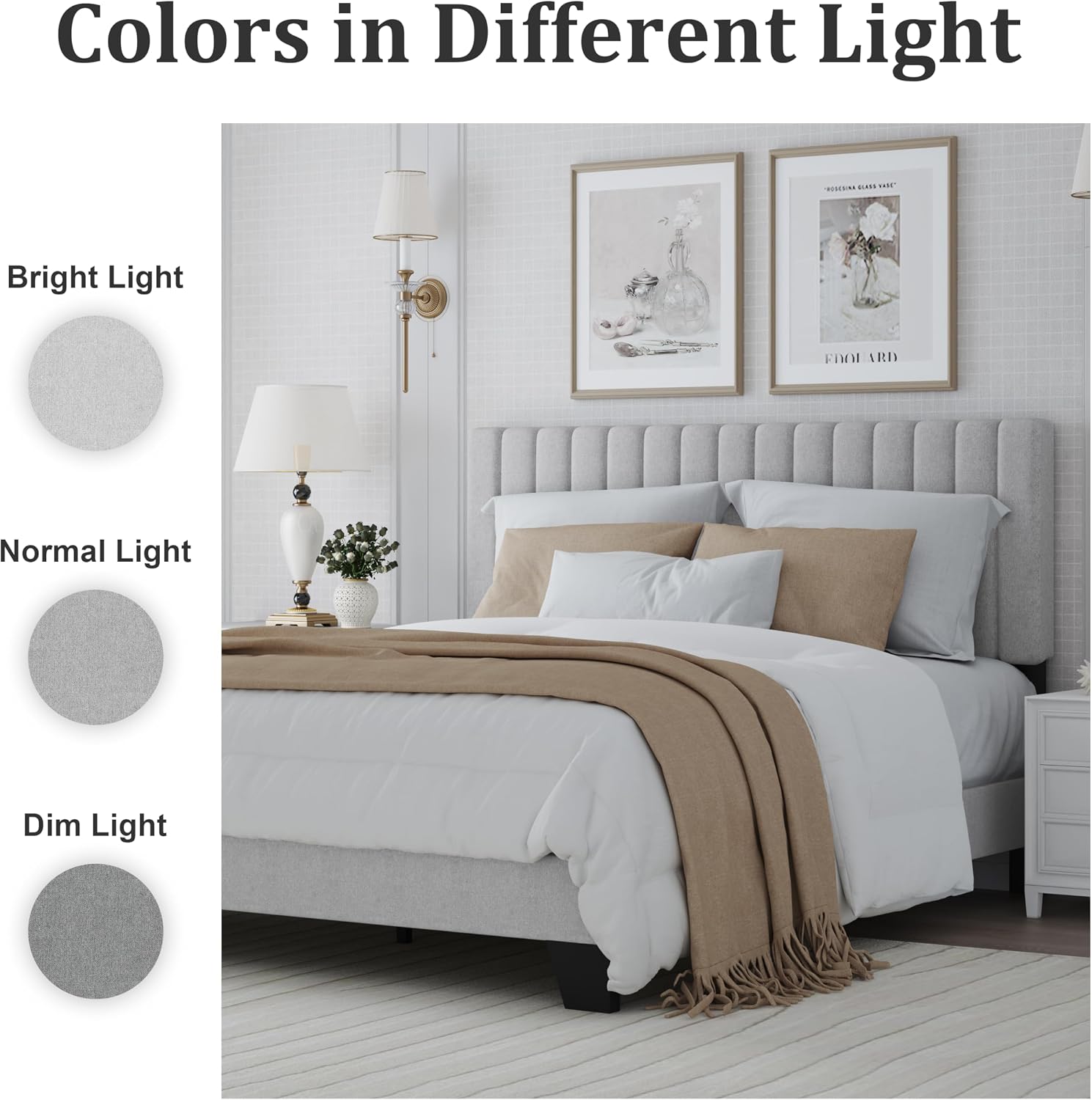 Twin Bed Frame, Fabric Upholstered Platform Bed Frame with Adjustable Headboard, Vertical Quilted Design, Sturdy Slatted Mattress Base, Easy to Assemble, Light Gray