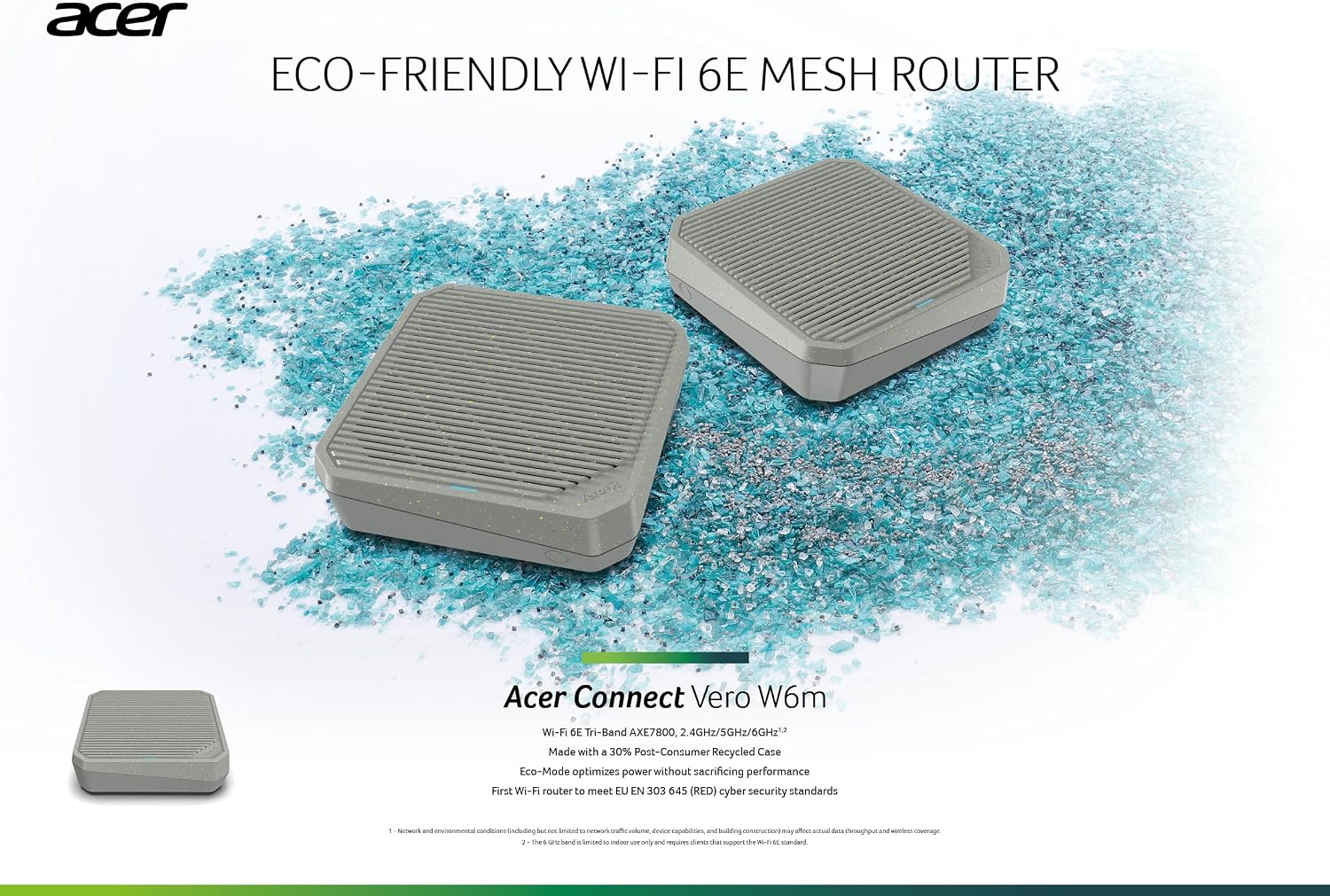 Acer Connect Vero W6m Wi-Fi 6E Mesh Router | Tri Band AXE7800 (2.4GHz/5GHz/6GHz) | Gigabit Speed (Up to 7.8Gbps) | Optimized Connectivity for PC or Console | 30% Post-Consumer Recycled