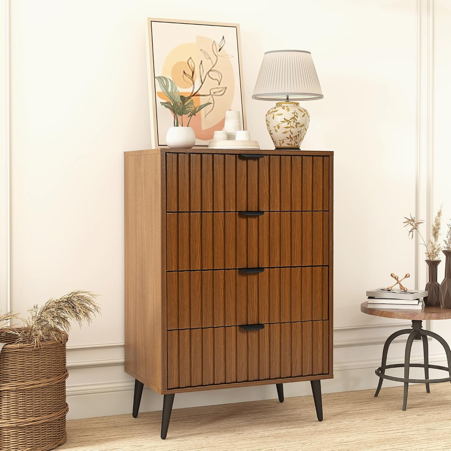 Fluted Dresser for Bedroom, 24'' Wide Modern Chest of Drawers, 4 Drawer Dresser Nightstand, Natural Wood Drawer Organizer for Bedroom, Living Room, Hallway, Walnut
