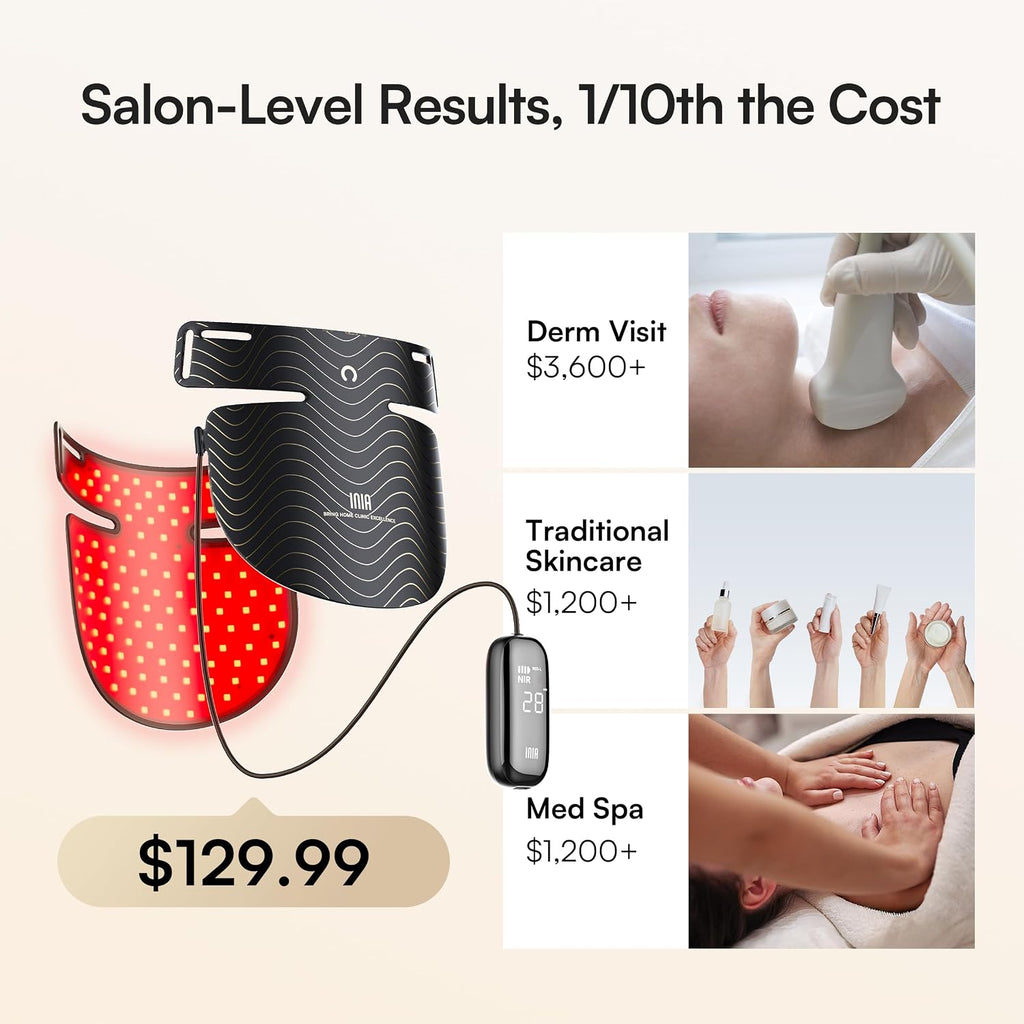 INIA Red Light Therapy Mask for Neck & Décolleté – 850nm NIR + 3 Light Modes for Anti-Aging, Firming & Radiant Glow – Red Light Skincare Device with 2600mAh Rechargeable Controller, 228 LED Chips