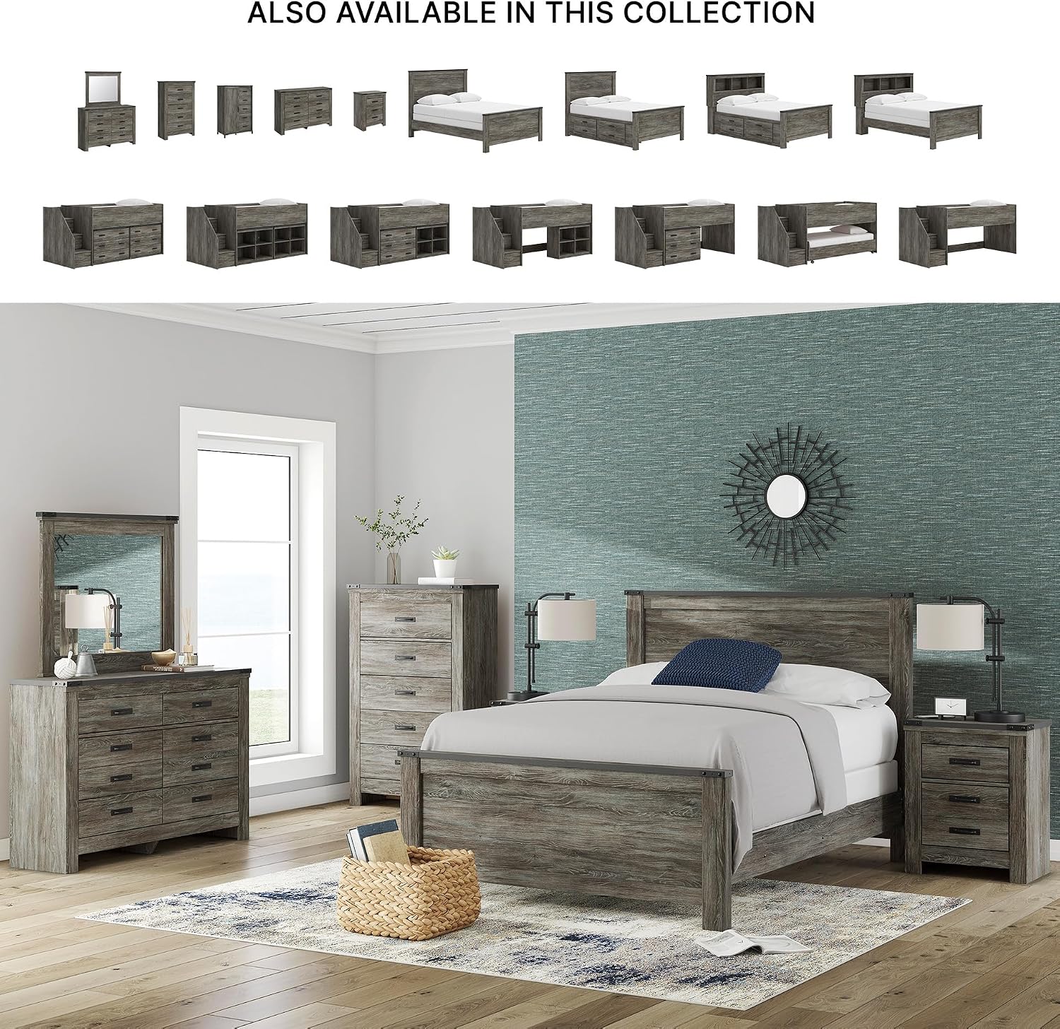 Signature Design by Ashley Frandern Rustic Bookcase Panel Bed with Nailhead Accents, Foundation or Box Spring Needed, Full, Gray