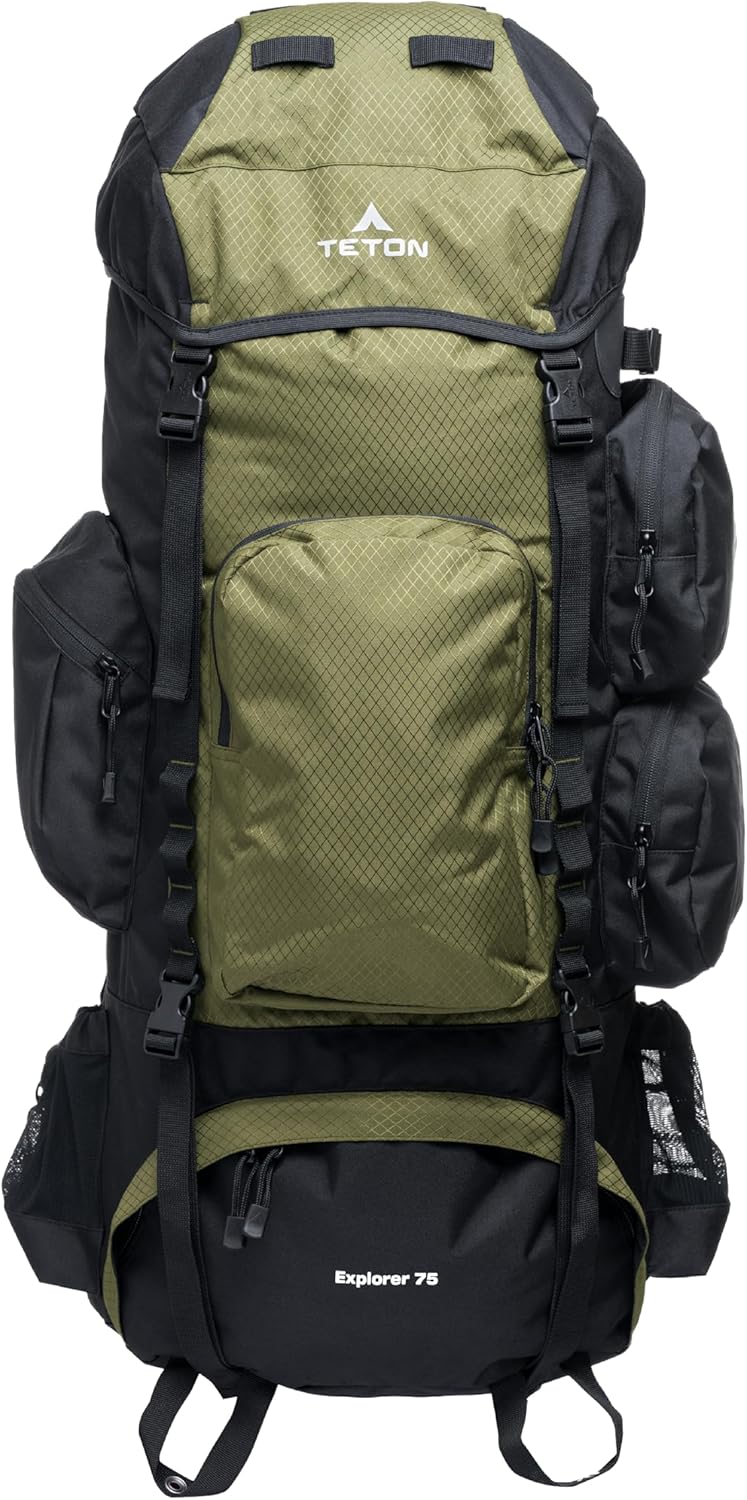 Teton 75L Explorer Internal Frame Backpack for Hiking, Camping, Backpacking, Rain Cover Included, Olive