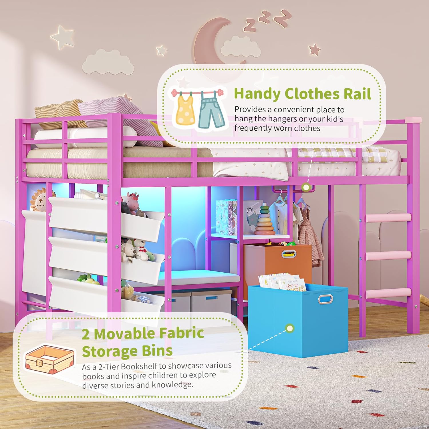 DICTAC Low Twin Size Loft Bed with Reading Corner and Bookshelf,Metal Twin Loft Bed with LED Lights,3 Sling Drawers&2 Movable Storage Bins,loft bed for Kids with 13.98'H Safety Guardrail & Stairs,Pink