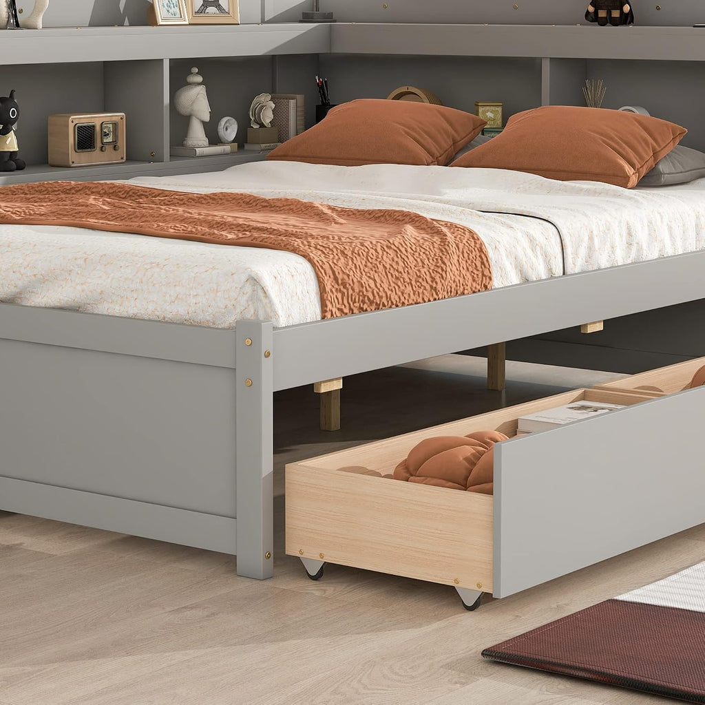 Full Size Platform Bed with L-Shaped Storage Shelfs and Bookcases, Pine Wood Day Bed with 2 Storage Drawers for Office/Living Room/Bedroom, Maximize Space (Gray)